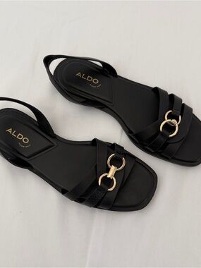 ALDO Black Sandals with Gold Ring Accent